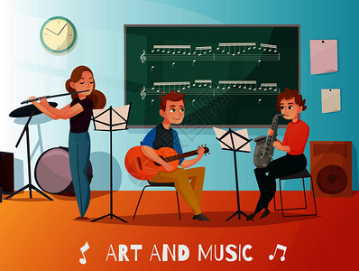 学校音乐课,学生演奏萨克斯管,吉他长笛,粉笔板与笔记卡通矢量插图音乐课卡通插图背景图片