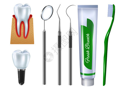 义齿基托上的牙刷牙膏管义齿用于牙齿治疗矢量插图的医疗工具现实的牙科套装插画