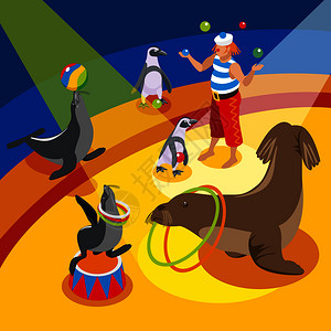 海洋马戏等距构图与杂耍小丑动物表演奇观竞技场矢量插图海洋马戏等距成图片