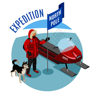 狗运输北极探险等距圆形构图,科学家手持北极旗,哈士奇雪地移动,矢量插图北极探险等距成插画