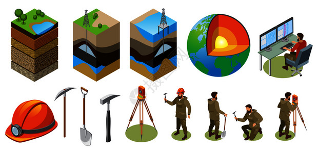 地球探测等距图标,地球结构,土层,科学实验室,地质工具,孤立矢量插图地球探测等距图标插画