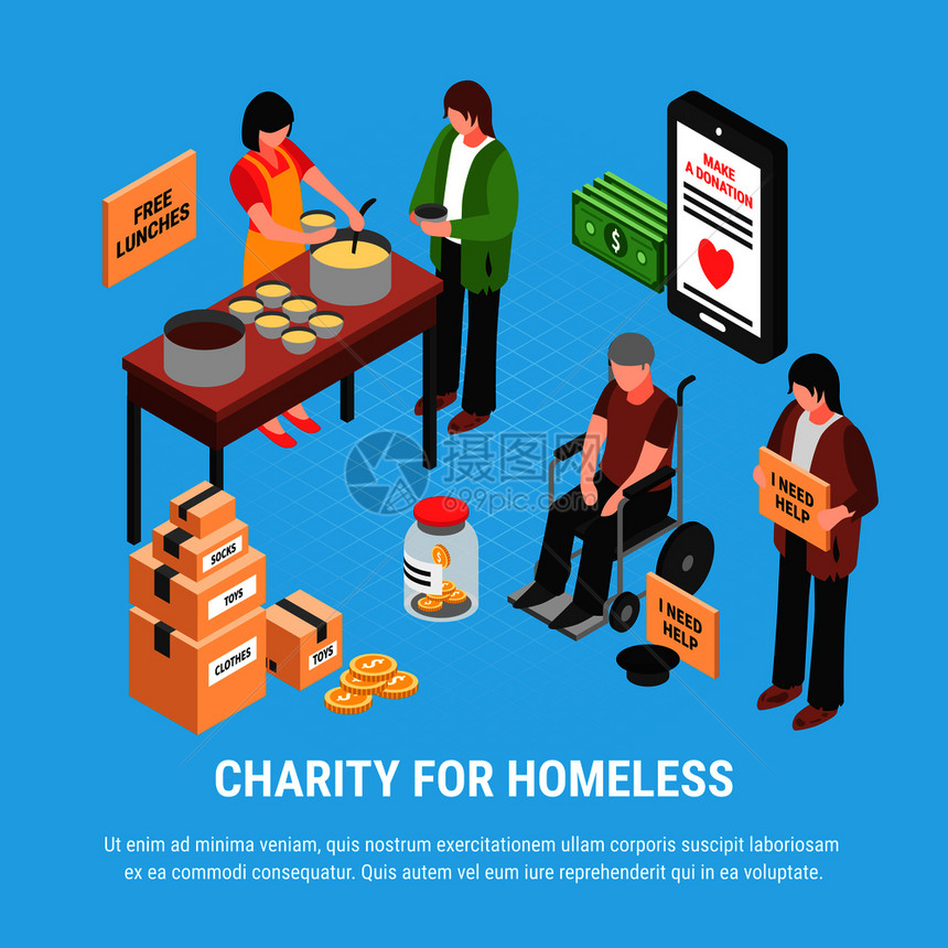 慈善无家可归者等距与志愿者免费食物为残疾人矢量插图无家可归者等距海报慈善机构图片