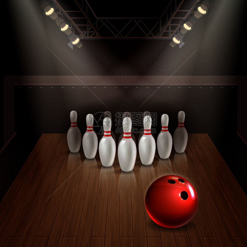 保龄球道与暴露的小球红球聚光灯下的三维矢量插图保龄球三维插图图片