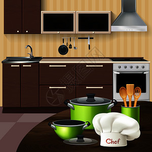 渣渣厨房内部与现实的绿色炊具,木制工具厨师帽棕色桌子矢量插图厨房内部与炊具插图插画