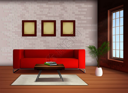 当代家居室内元素与红色沙发口音中彩色客厅现实矢量插图内部逼真的图像图片