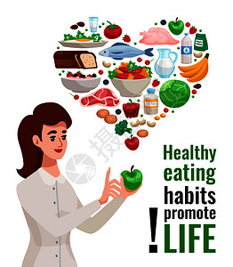 健康饮食广告海报与轻女手持绿色苹果用的食物图标心脏形式卡通矢量插图健康饮食广告海报图片