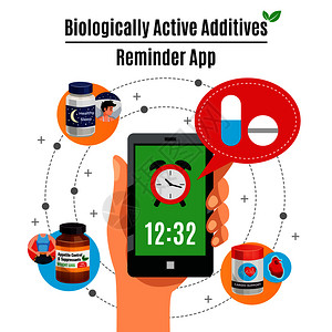 时间提醒智能手机应用关生物活添加剂治疗卡通矢量插图生物活添加剂图片