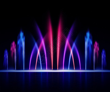 大型多色装饰舞蹈水射流引导灯光喷泉展示夜间写实图像矢量插图喷泉夜间写实形象插画