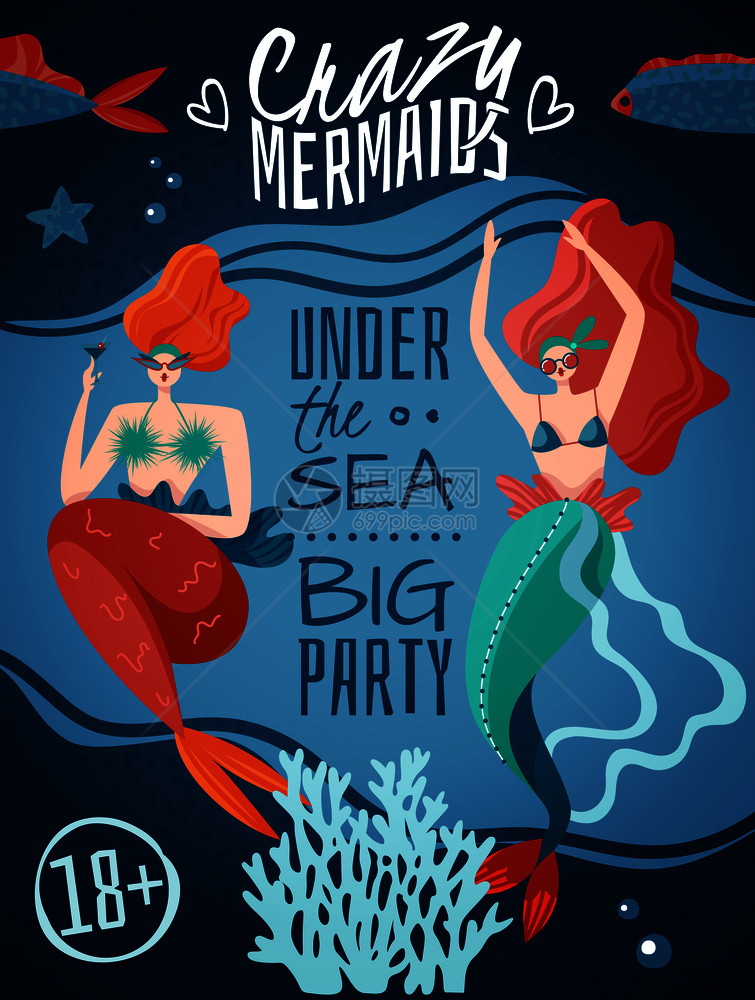 疯狂美人鱼18加派公告海报与2红色头发感海洋生物矢量插图美人鱼派海报图片