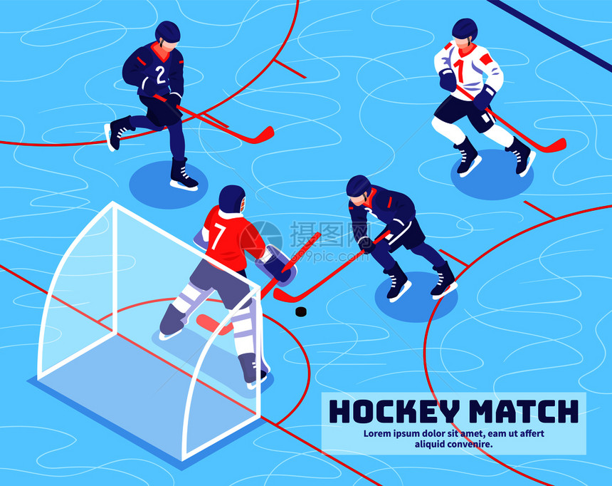 冰等距矢量图上的曲棍球比赛中,队员们接近球门的时候带着冰球曲棍球比赛等距插图图片