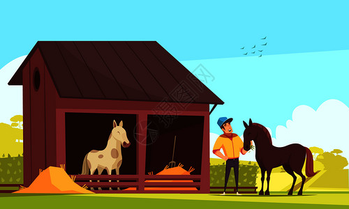 马术运动构图与室外图像的马稳定人的格喂养的种马矢量插图马厩马术成背景图片