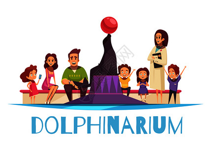海豚馆平背景构图与文字卡通风格的人类人物的家庭成员解释器矢量插图家庭海豚馆平背景图片
