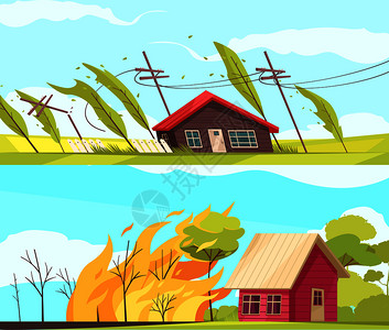 广告火的素材两个水平自然灾害横幅与居住的房屋被风暴风火灾矢量插图大灾难水平横幅插画