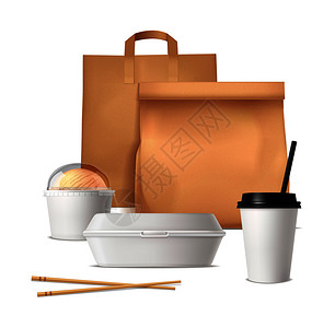 外卖纸袋快餐包装与纸袋,塑料容器眼镜,用于饮料冰淇淋的现实矢量插图快餐包装逼真的理念插画