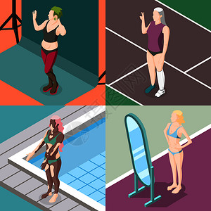 身体积极运动2x2集的妇女与怪胎健康问题等距矢量插图身体正运动2x2图片