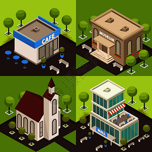 城市建筑历史现代公共建筑4等距图标与博物馆教堂咖啡馆矢量插图城市建筑等距插画