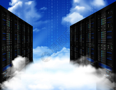 数据存储现实成与计算机硬盘云与蓝天数字背景矢量插图云存储逼真的成图片