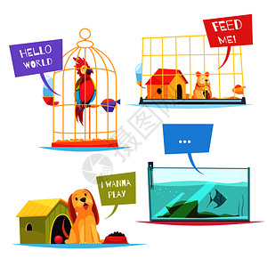 笼子动物宠物店的理念与好玩的小狗,五颜六色的鹦鹉,饥饿的仓鼠,鱼水族馆矢量插图宠物店的理念插画