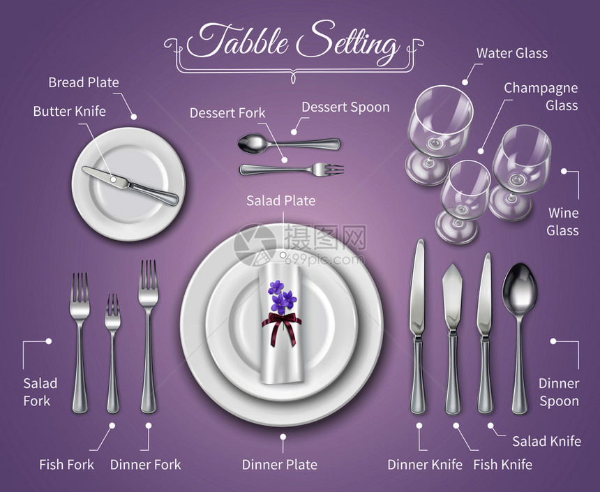 正式的晚餐场所信息背景与餐具玫瑰桌布现实矢量插图正式的晚餐地点信息图表图片