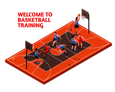 运动员领域体育俱乐部设施领域等距广告海报与篮球运动员得分球场控制训练矢量插图运动篮球训练等距插画