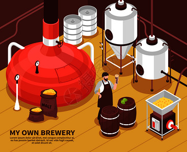 人啤酒厂设施与大麦袋麦芽加热发酵设备自豪的业主等距矢量插图啤酒厂老板等距海报背景图片