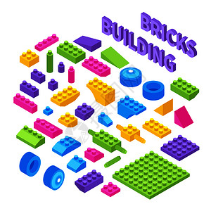 多彩块儿童玩具构造器等距块彩色塑料积木,车轮部件,孤立矢量插图玩具构造函数等距块插画