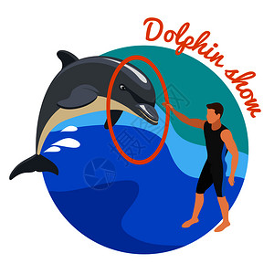 海豚展示圆形与教练海豚跳过环海上背景等距矢量插图海豚表演圆形图片