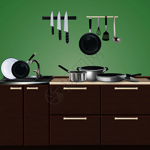 器皿器具厨房棕色家具与现实的烹饪用具绿色背景三维矢量插图厨房家具烹饪用具插图插画