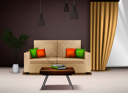 现代舒适的米色爱情座椅与花哨明亮的枕头,美丽的家庭内部装饰思想,现实的矢量插图真实的内部图像插画