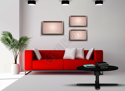 锅耳墙客厅图像与红色沙发补充白色黑色室内细节现实家居矢量插图真实的内部图像插画
