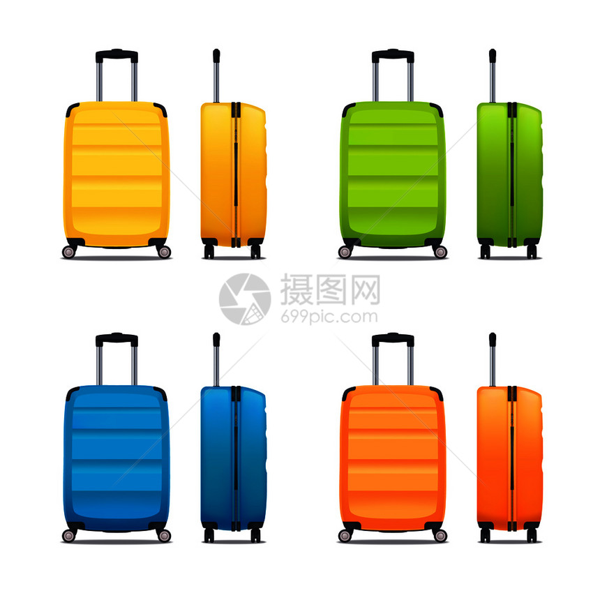 五颜六色的现代塑料手提箱与车轮可伸缩手柄正侧的现实矢量插图套现代塑料手提箱图片