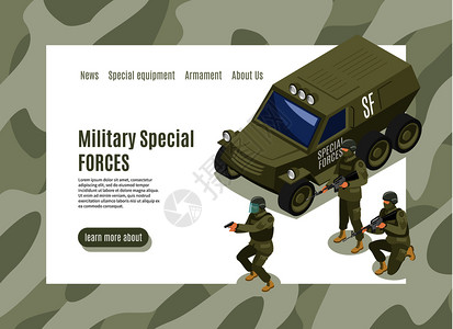 事特种部队等距网页与菜单界队车辆与士兵矢量插图事特种部队网页插画