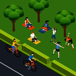 健身等距成与露天公园景观人物骑自行车瑜伽锻炼矢量插图计算等距成分图片