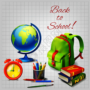 回学校现实的与闹钟,书包,地球的教科书上的平方纸背景矢量插图回学校的理念图片