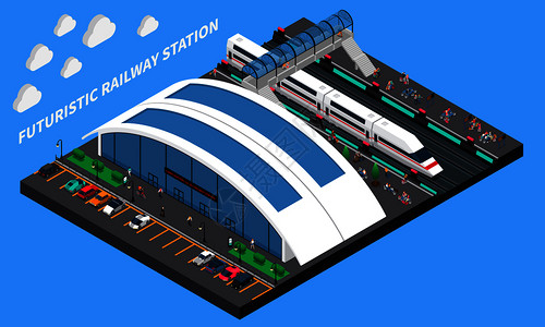 未来主义火车站等距成与宽敞的车站速度列车高架行人过路矢量插图未来主义火车站等距成插画