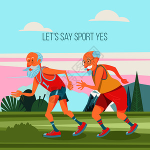 长的男人事新鲜空气中跑步他们过着健康积极的生活方式卡通风格的矢量插图图片