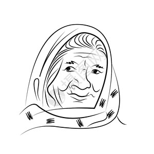 戴围巾的老妇人的肖像手拉着素描黑白图片