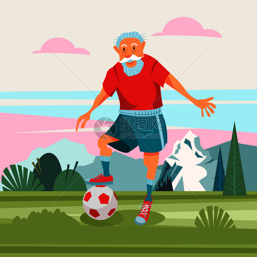 个老人新鲜空气中踢足球他过着健康积极的生活方式卡通风格的矢量插图图片