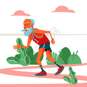位老人新鲜空气中跑步他过着健康积极的生活方式卡通风格的矢量插图图片