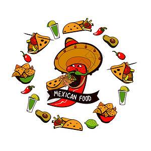 法卷吃玉米煎饼的红辣椒墨西哥食物套流行的墨西哥菜,快餐矢量插图插画