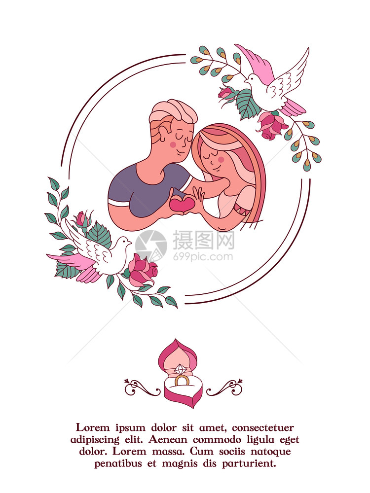 参加订婚派的邀请迷人的矢量插图可爱的他们展示了他们多爱方美丽的玫瑰花圈白鸽浪漫的卡片图片