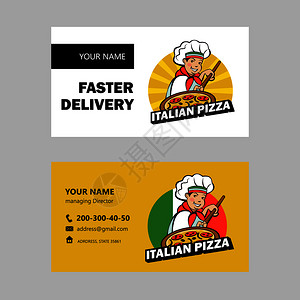 可爱的意大利厨师正美味的比萨饼比萨饼店的矢量标志名片布局背景图片