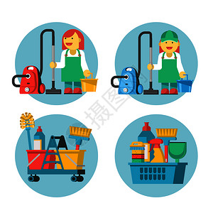 清洁服务图标专业清洁女士配备吸尘器水桶清洁用具图片