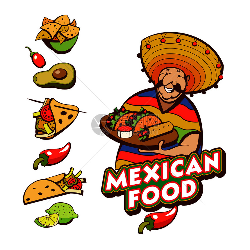 墨西哥食物流行的墨西哥食品,快餐穿着斗篷睡衣的趣的墨西哥人矢量插图图片
