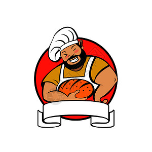 烤肉店个留着胡子的可爱包师着新鲜出炉的包包店矢量标志插画
