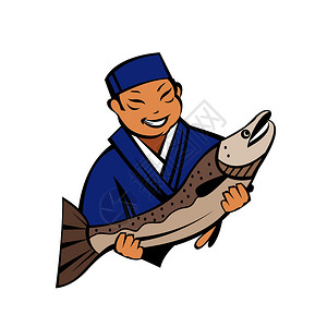 日本厨师着新鲜鱼日本餐厅的矢量标志新鲜海鲜图片