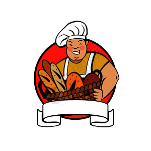 个可爱的微笑包师着篮子新烤包包店标志的矢量插图背景图片