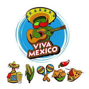 沙爹酱套流行的墨西哥快餐菜肴趣的仙人掌桑布列罗弹吉他卡通风格的矢量插图插画