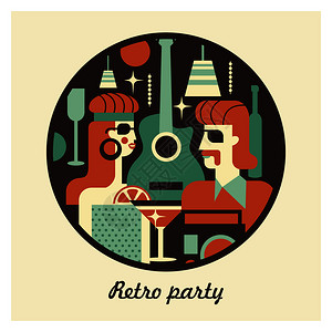 20世纪70代复古派男女穿着时尚,7080的风格饮料,眼镜,乙烯基唱片酒吧里的场景海报风格为7080复古风格的矢插画