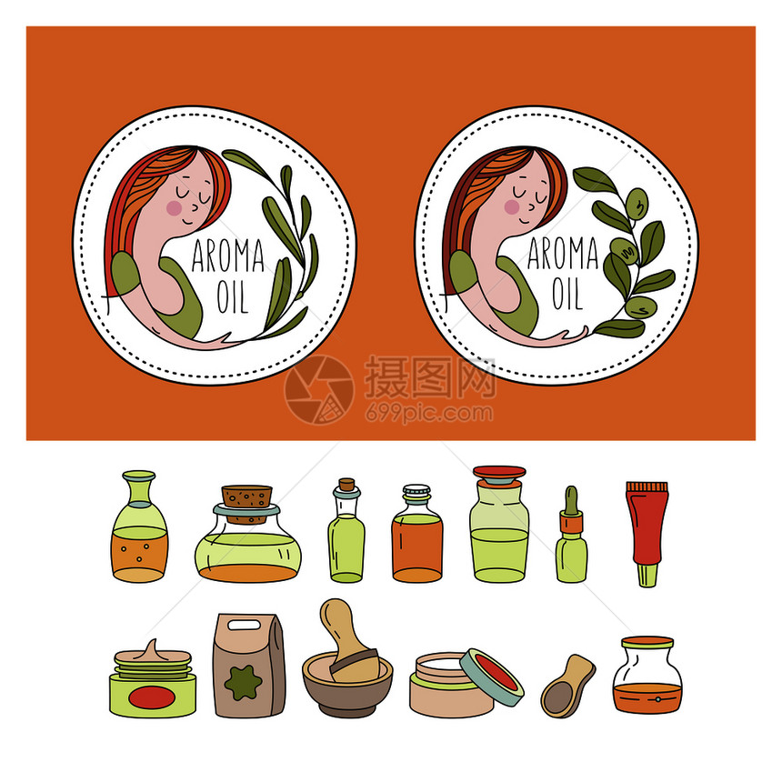 草药化妆品,天然油自然生态化妆品商店的矢量手绘插图套带天然油的大罐子个女孩的两个标志枝橄榄桉树草药化图片
